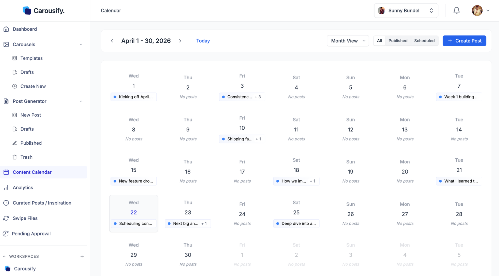 Vue du calendrier de contenu