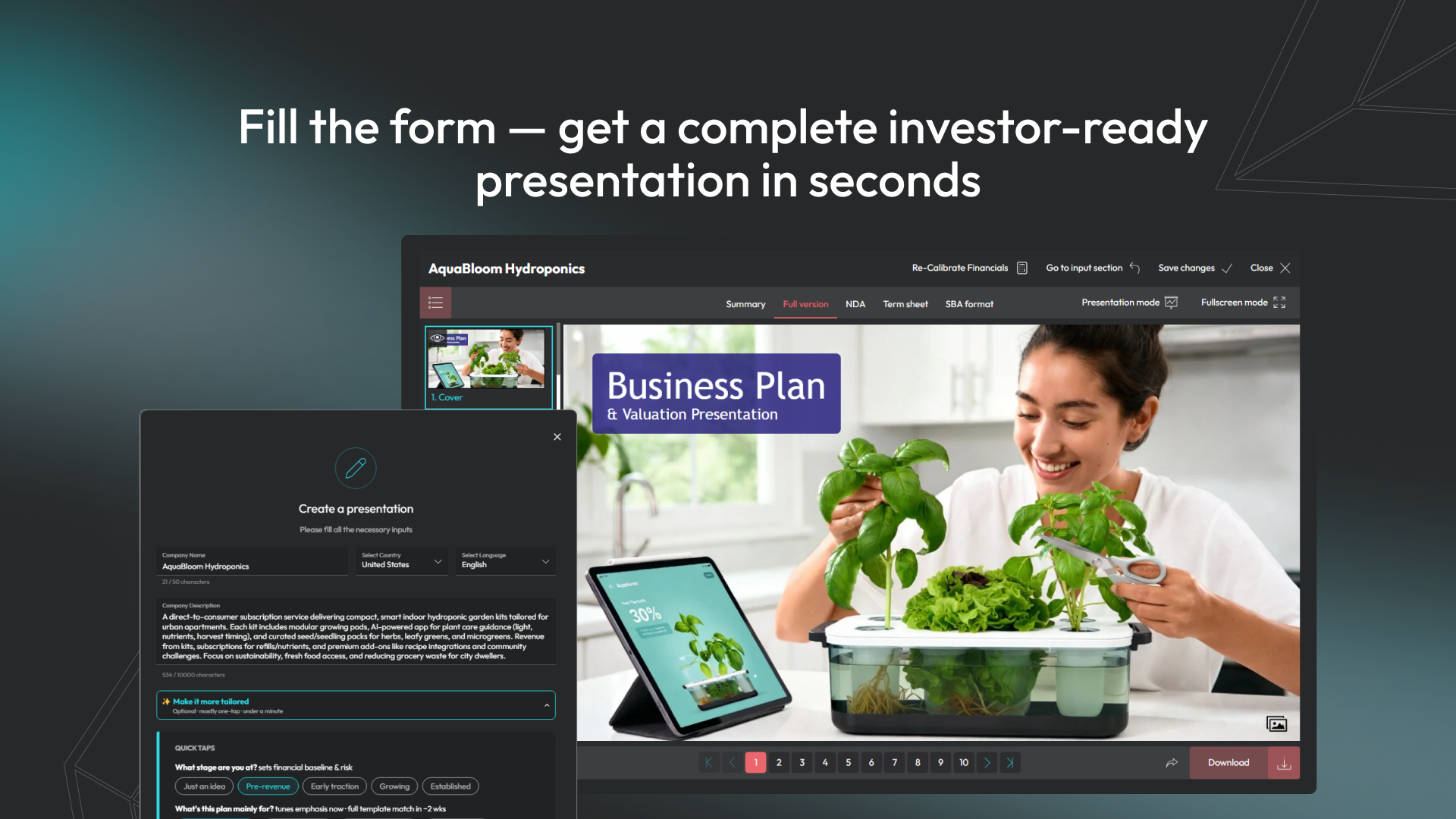 Form to generate investor-ready deck