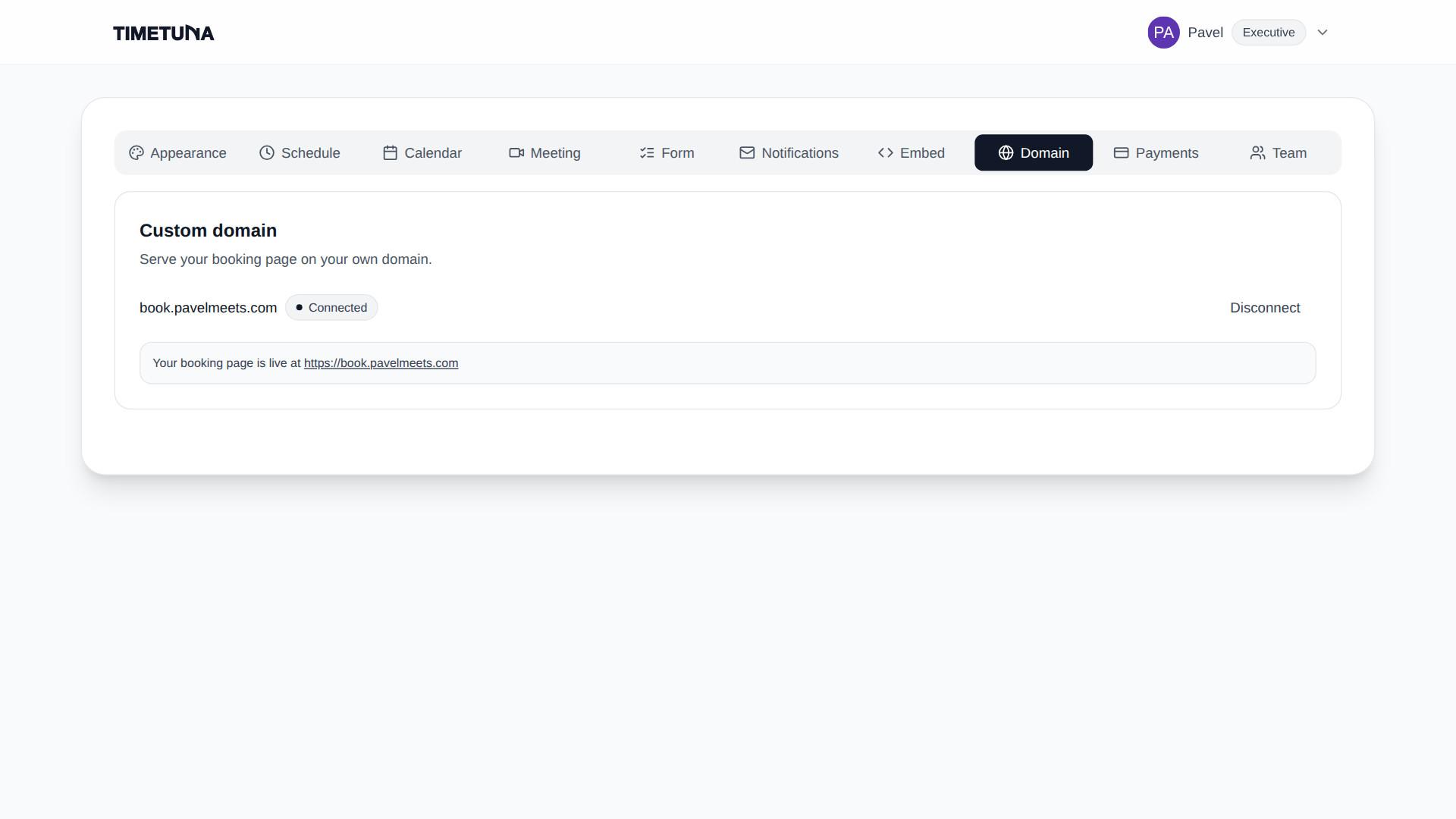 TimeTuna custom domain settings screen