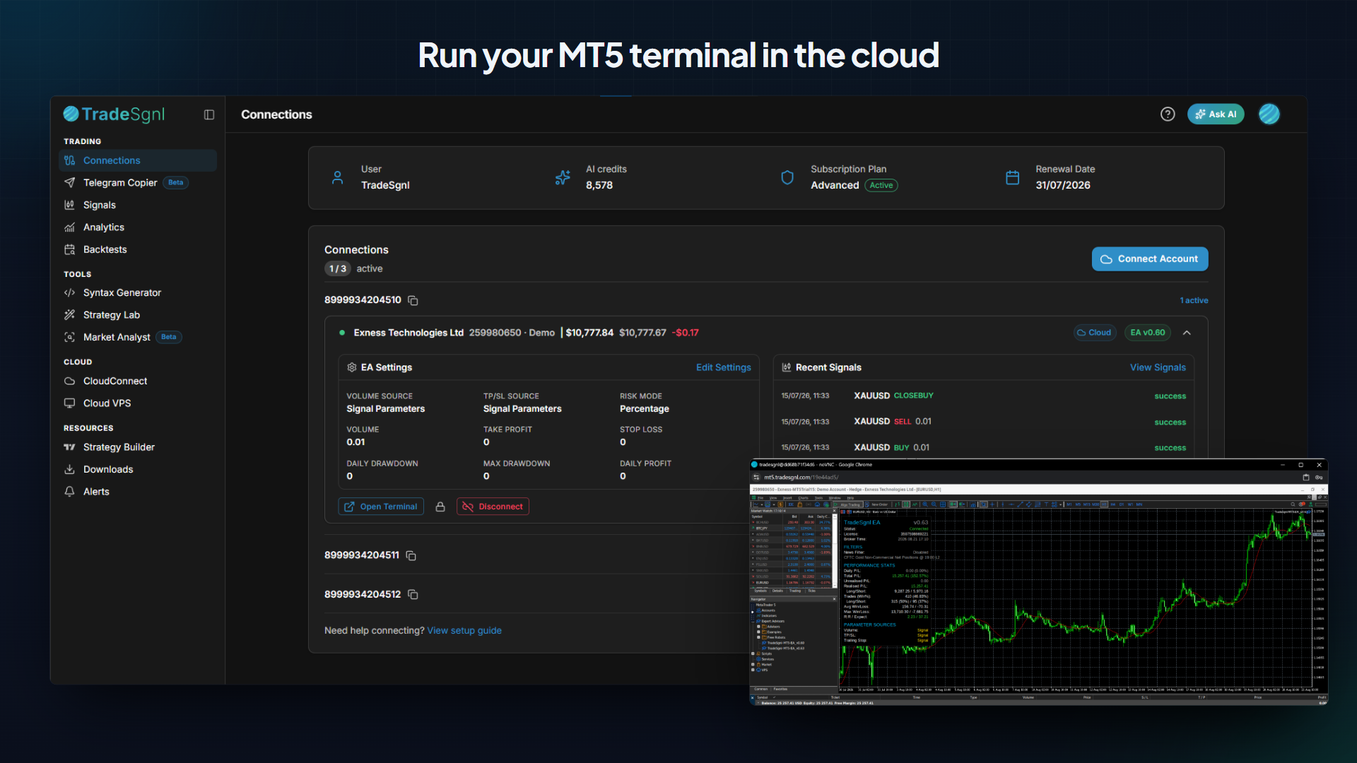 Cloud MT5 dashboard