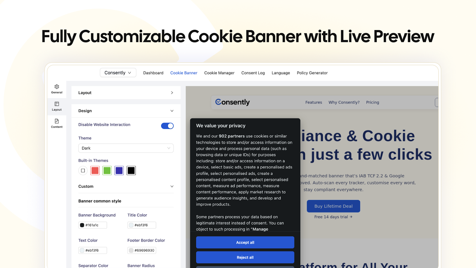 options de personnalisation de la bannière de cookies