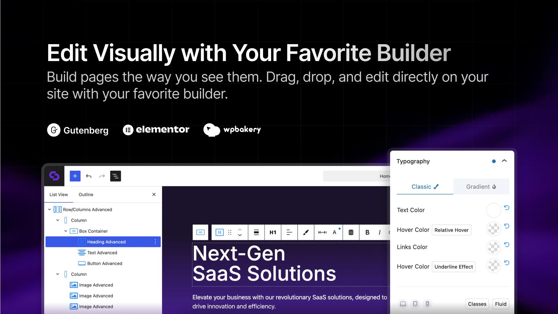 Visual builder with Gutenberg/Elementor