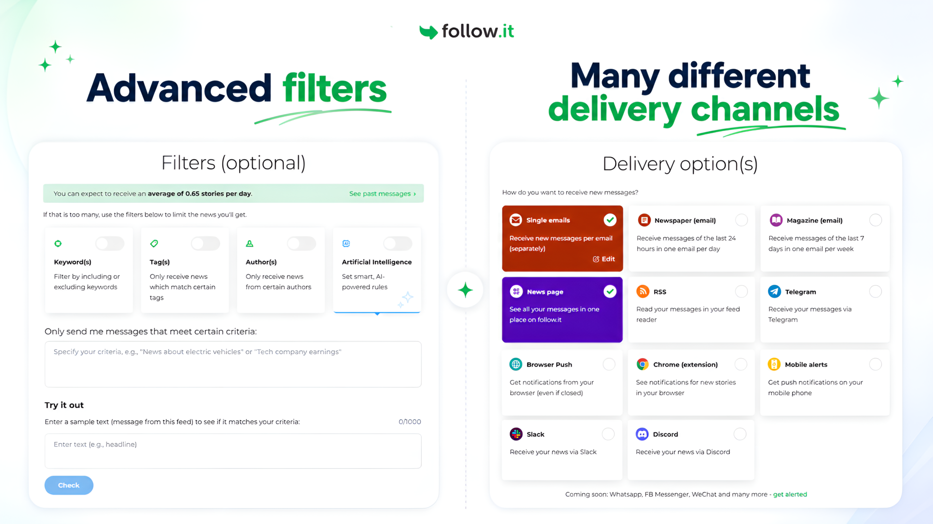 Advanced filters and delivery