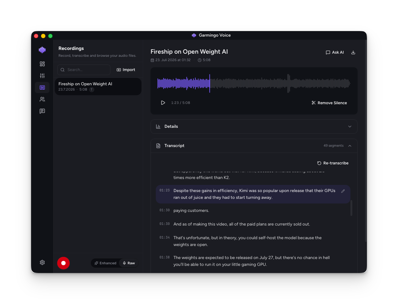 Enregistrements avec chronologie de transcription