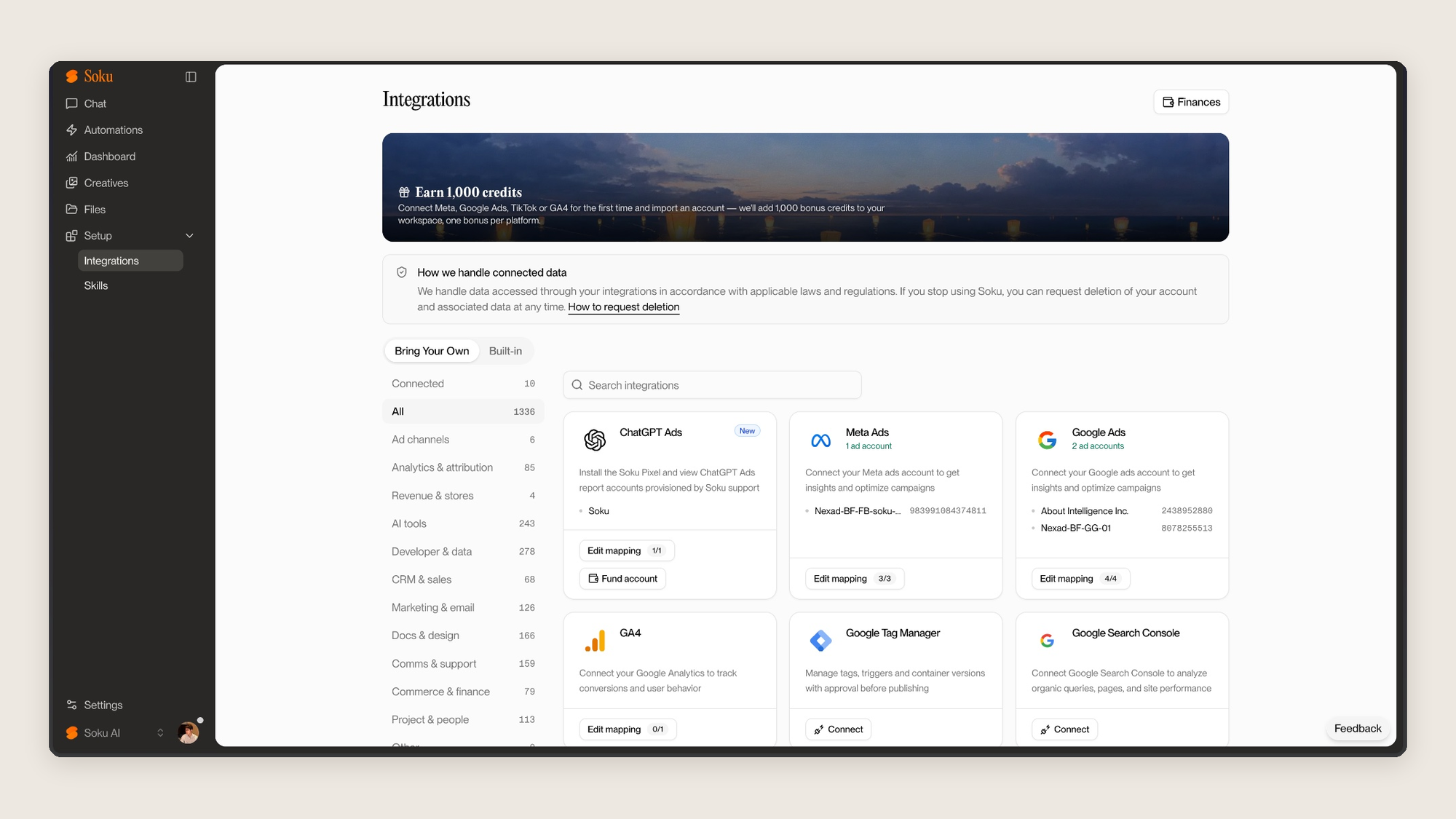 Page d'intégrations affichant les comptes ChatGPT Ads, Meta Ads, Google Ads, GA4, Google Tag Manager et Search Console connectés.