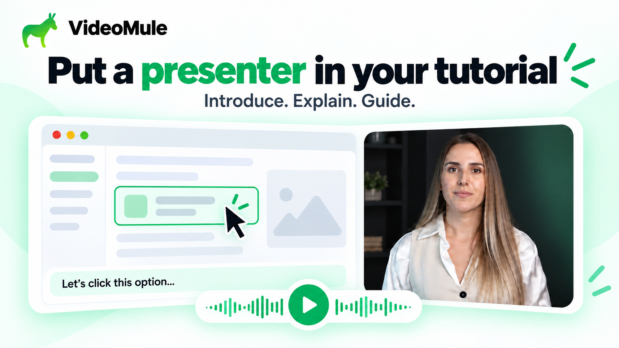 Illustration d'un présentateur IA à côté d'une visite virtuelle à l'écran, avec une légende et la forme d'onde audio.
