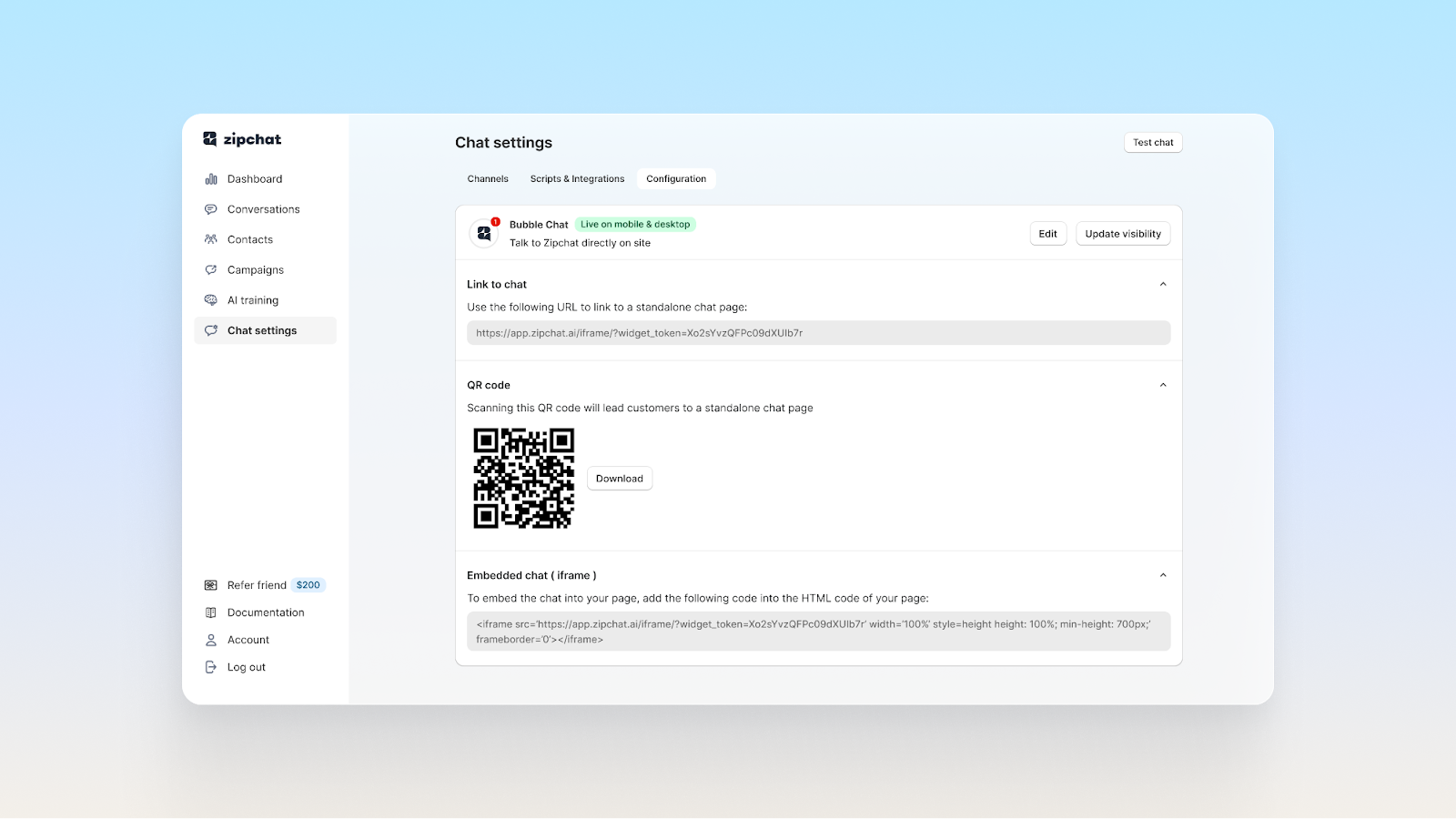 Configurer le chat sur différents canaux