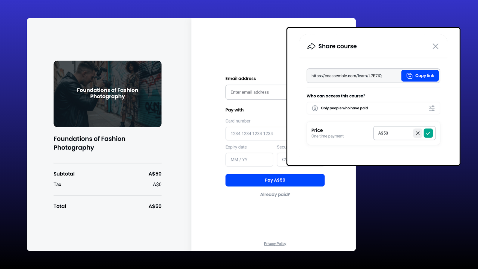 Page de partage et de paiement