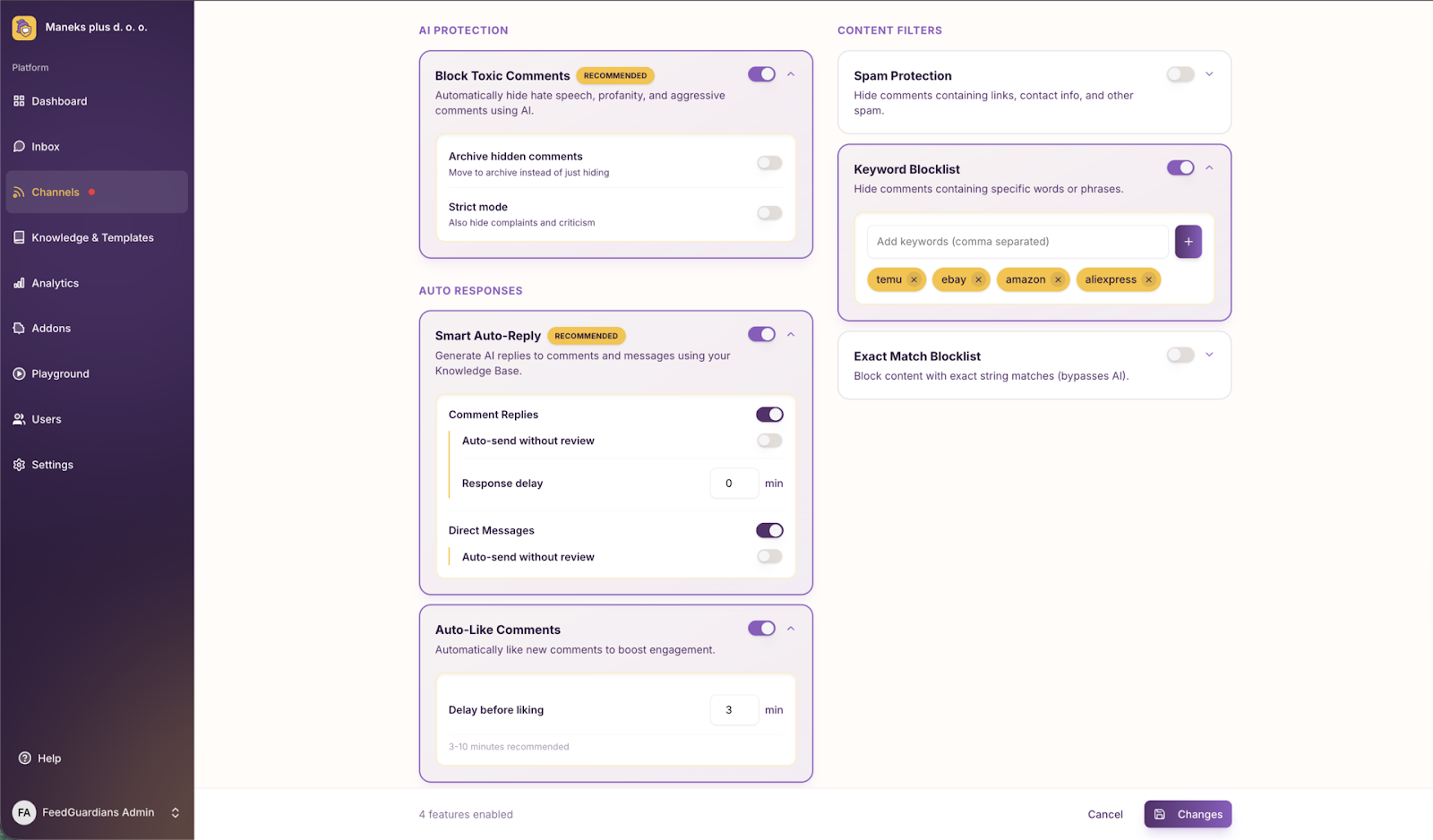 Paramètres du canal