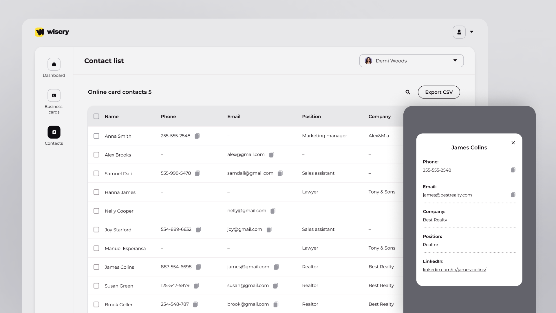 Tableau de bord de la liste de contacts