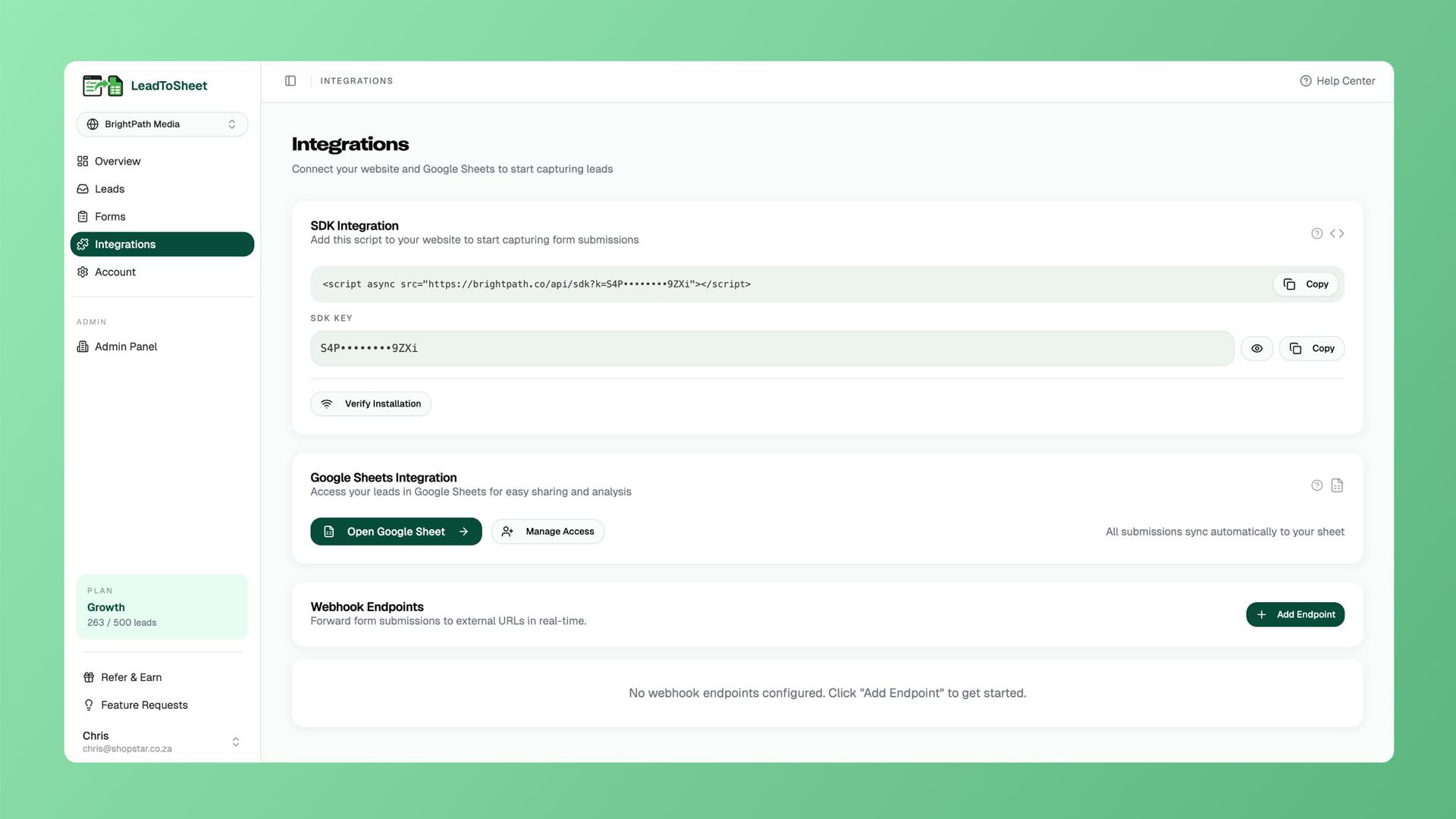 Page des intégrations