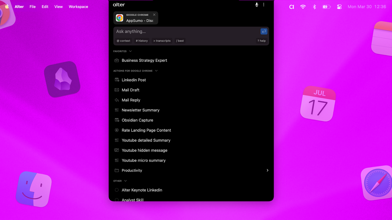 Suggestions et actions d'applications