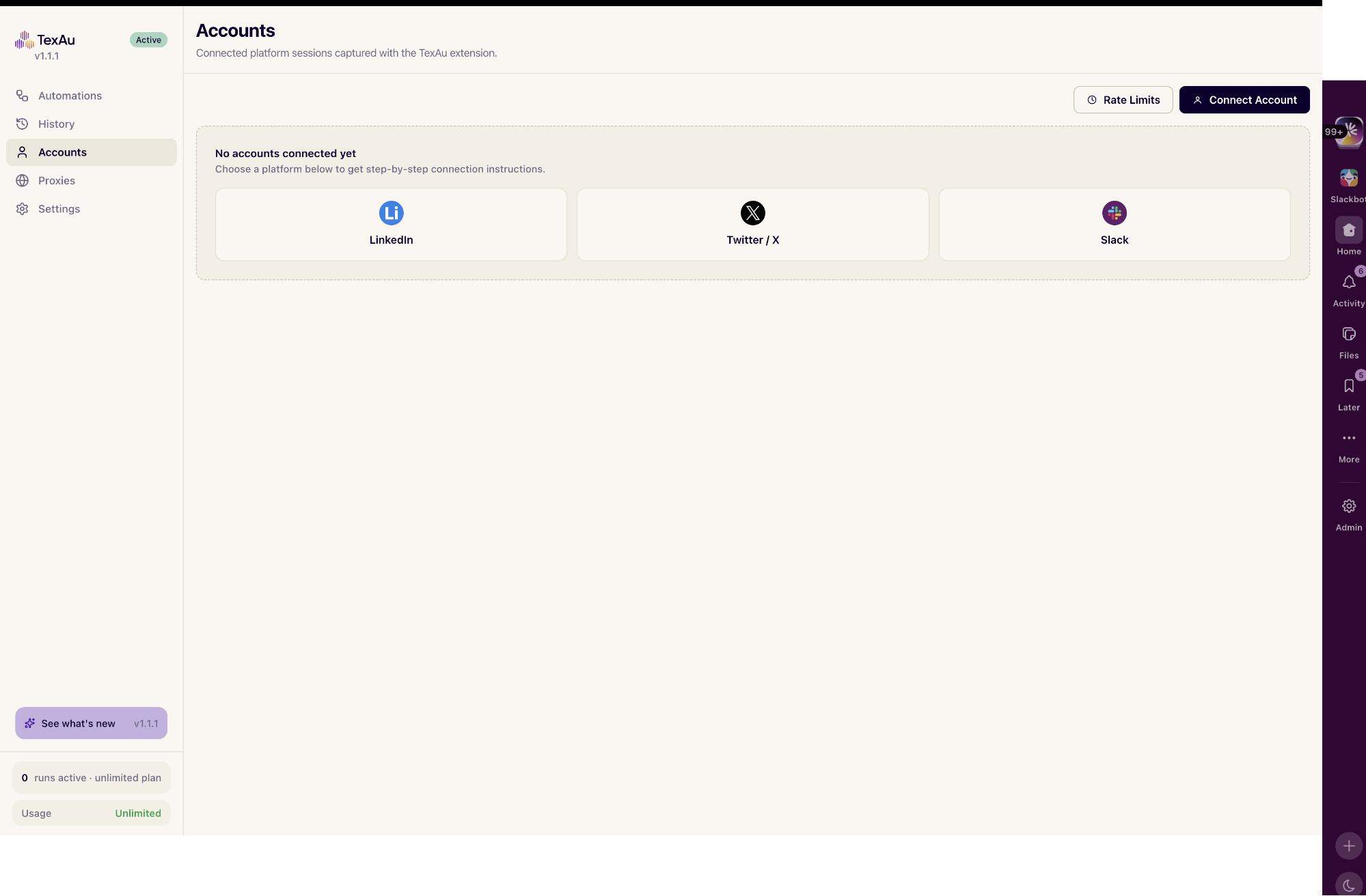 Intégrations et connexions de comptes